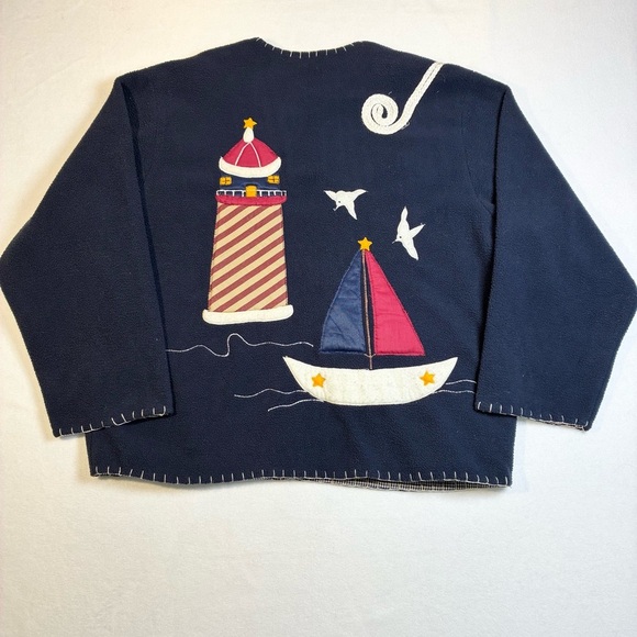 Women’s Fleece Open Front Cardigan Jacket Nautical Appliqué Whip Stitch Navy - Picture 5 of 9